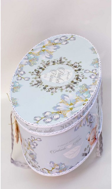 Trusou de botez cu eucalipt si ursuleti pe fundal bleu mint Little Blue Bear 1
